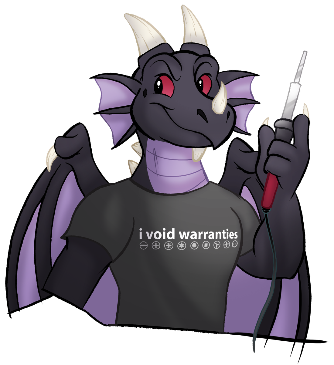 Drakie holding a soldering iron, shirt text i void warranties